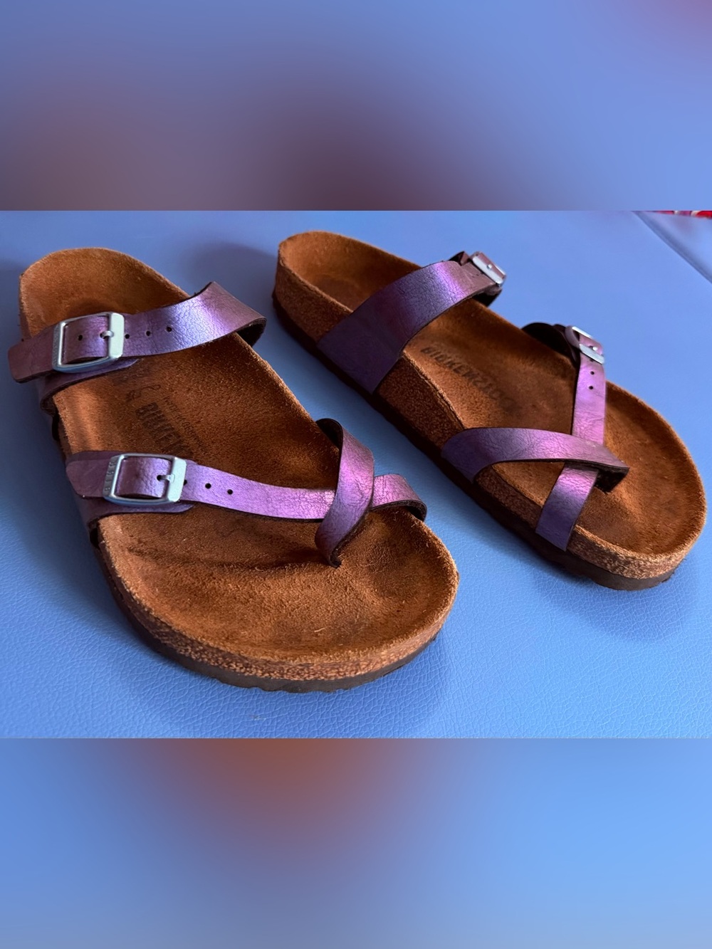 Birkenstock Mayari Iridescent Purple Leather Two-Strap Sandals